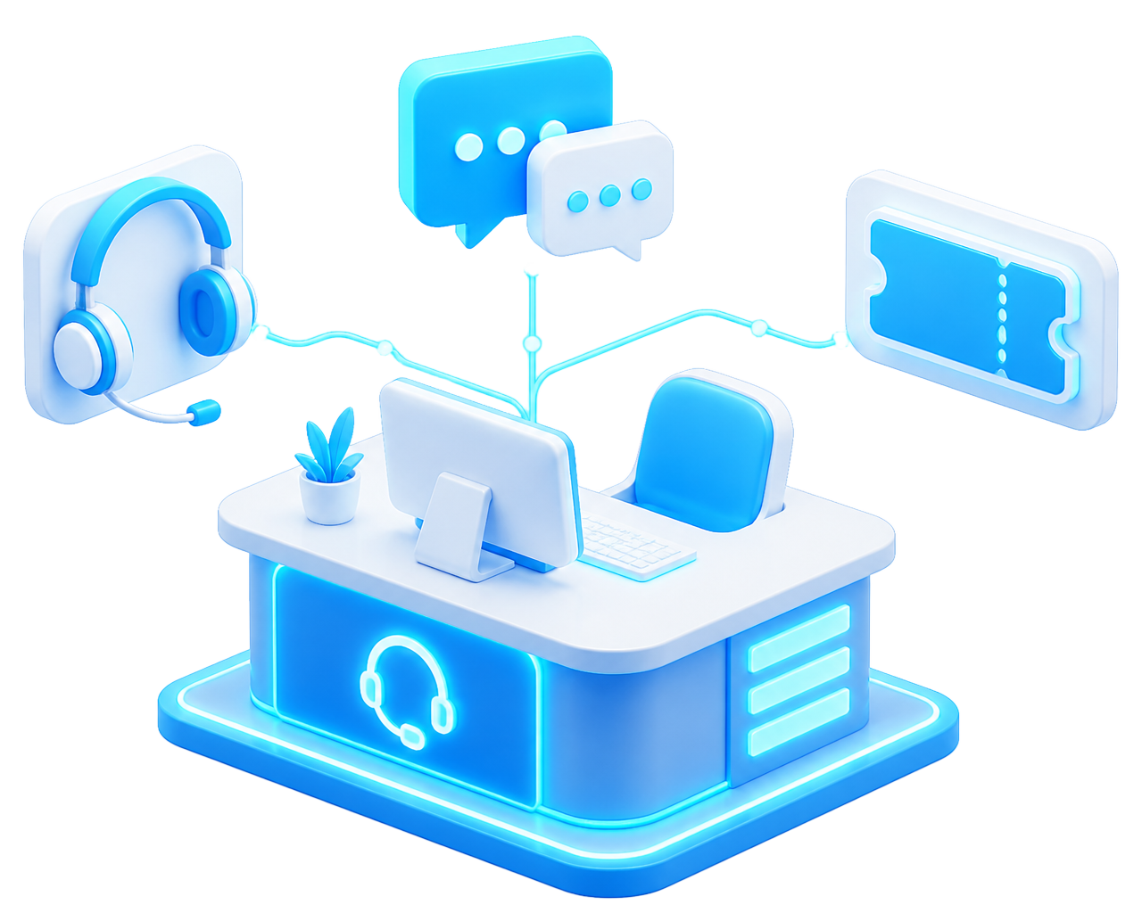 Illustration of a glowing support desk with chat and ticket panels