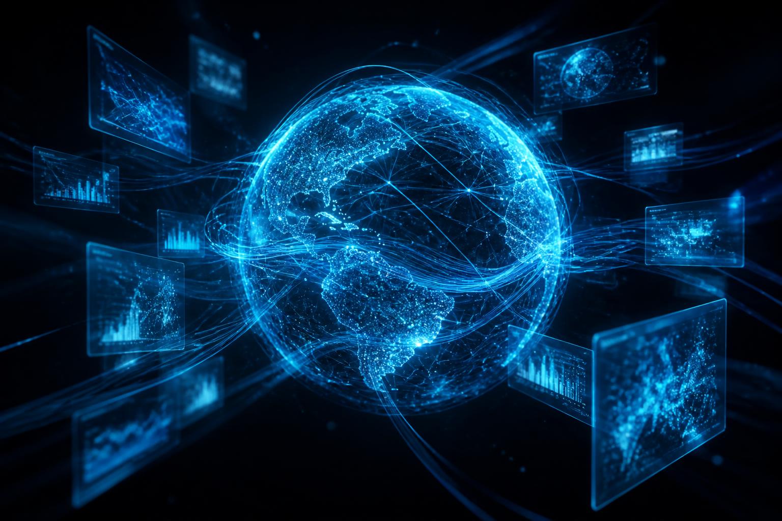 Illustration of a glowing global network of connected member sites exchanging impressions